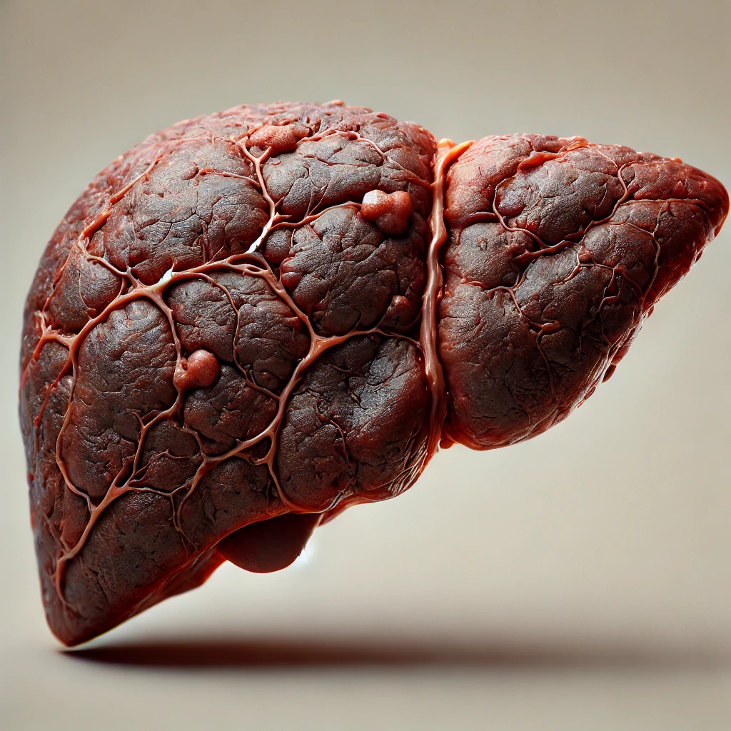 DALL&middot;E-2025-01-29-13.16.18-A-highly-realistic-3D-illustration-of-a-human-liver-with-cirrhosis-showing-a-rough-dark-brown-and-reddish-surface.-The-liver-should-feature-visible-.webp